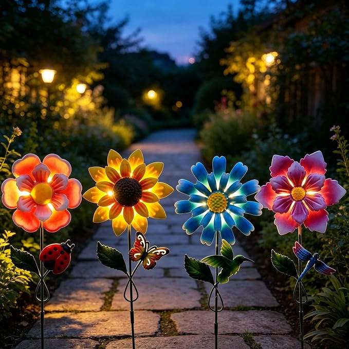 Solar Garden Stakes Lights for Outdoor Decor, 4 Pack Waterproof Metal Art Stick Flowers, Light for Outside Garden Patio Pathway Yard Backyard Porch Lawn