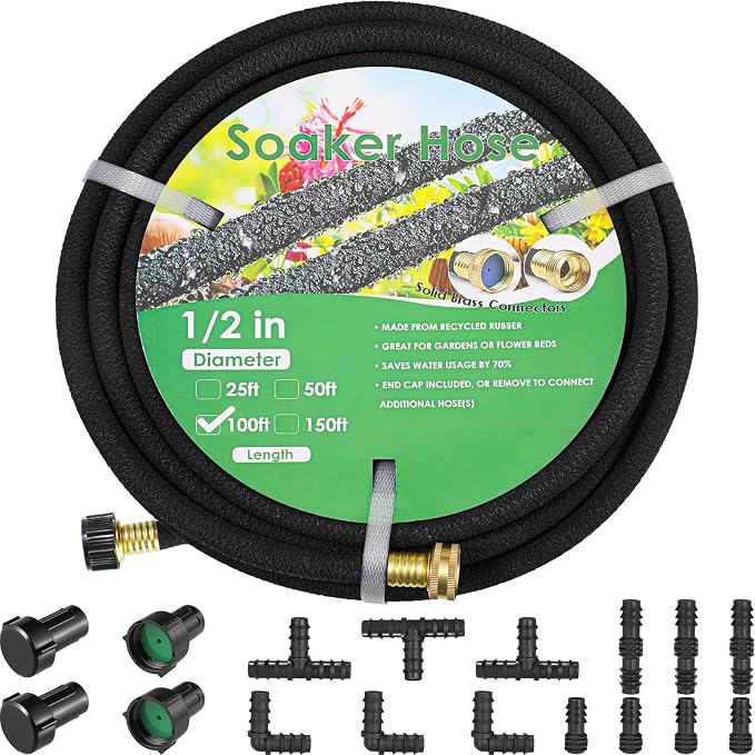 MAMIZO Soaker Hose Kit 100 ft 1/2", Solid Brass Connectors Rubber Longer Lasting, Heavy Duty Drip Hose to Save 70% Water, Soaker Hose for Garden, Lawn and Yard