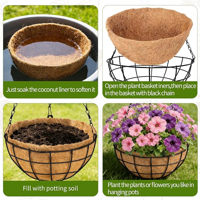 16 inch Hanging Baskets for Plants Outdoor, 4 Pack Large Hanging Planters for Outdoor Plants, Round Wire Hanging Flower Pots with Coconut Coir Liners for Garden, Deck, Porch, Balcony