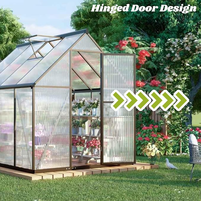 6 x 4 FT Greenhouse for Outdoors, Polycarbonate Panel Greenhouse Outdoor Quick Setup Structure, Roof Vent, Aluminum Large Walk-in Green House for Outside Garden, Charcoal Black