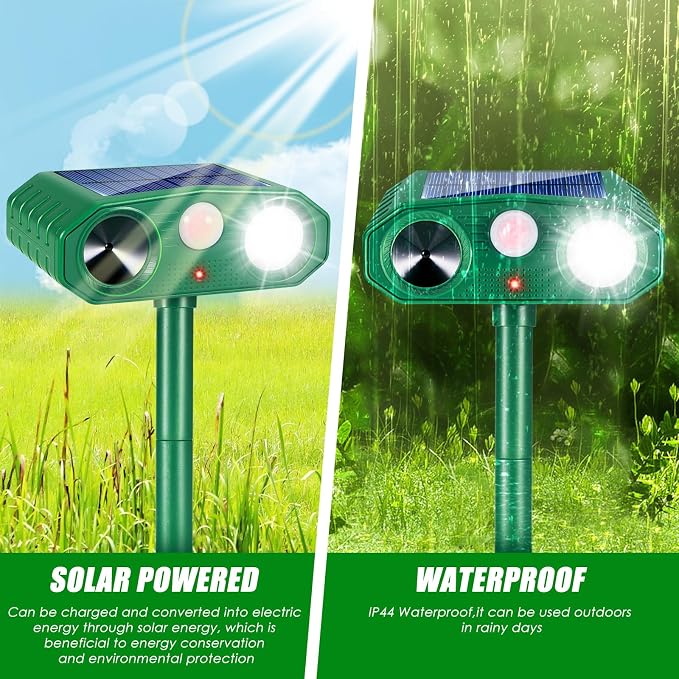 4 Pack Solar Ultrasonic Animal Repeller Outdoor,Deer Repellent Outdoor & Cat Deterrent Outdoor, Effective Against Birds, Cats, Squirrels, Deer,Coyote, Raccoons,Rabbit Wild Animal Deterrent for Garden