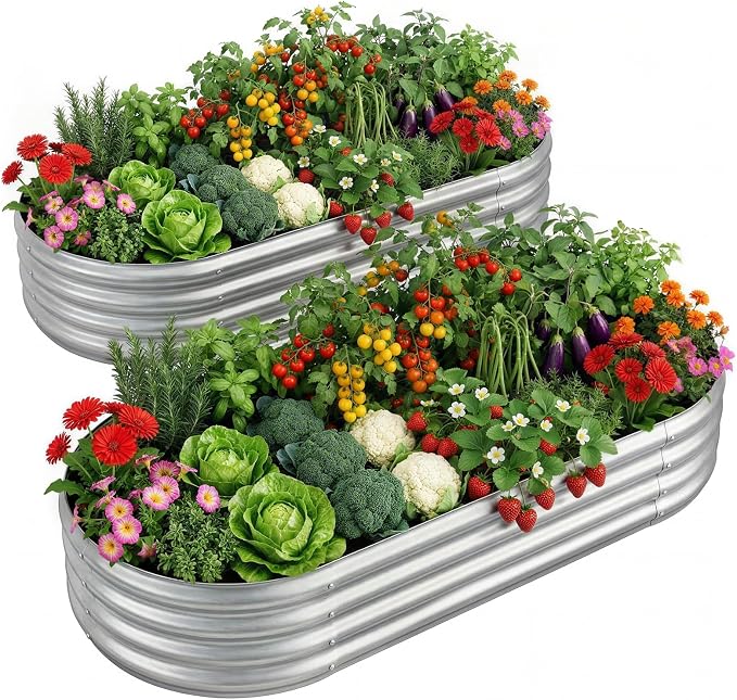 Land Guard 2 Pack 4×2×1ft Galvanized Raised Garden Bed Outdoor, Heavy Duty Bottomless Metal Raised Planter Box for Vegetables, Flowers, Herbs, Backyard Patio Gardening, Silver