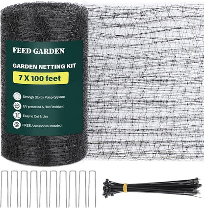 FEED GARDEN Deer Fence Netting Garden Netting Bird Netting - 7x100ft UV-Protected Garden Fence for Plant with 3/4" Fine Mesh - Includes 10 Stakes & 50 Zip Ties for Easy Installation