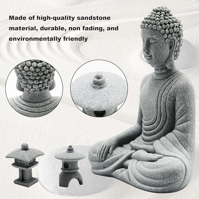 Hoypeyfiy Mini Buddha Statue Set with Stone Lantern, Zen Garden Accessories Sitting Buddha Figurine for Home Decor, Patio Yard Garden, Terrarium, Micro Landscape Decoration