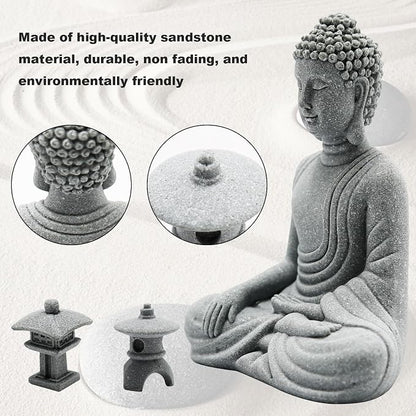 Hoypeyfiy Mini Buddha Statue Set with Stone Lantern, Zen Garden Accessories Sitting Buddha Figurine for Home Decor, Patio Yard Garden, Terrarium, Micro Landscape Decoration