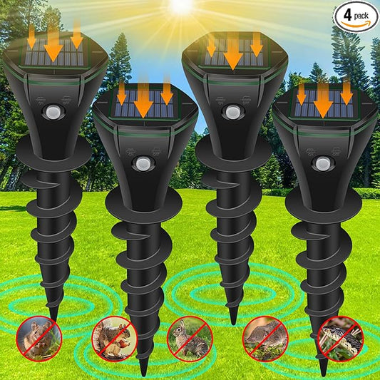 Mole Repellent Solar Powered, 4 Pack Ultrasonic Gopher Repeller IP65 Waterproof for Lawn Garden Yard, Sonic Vole Repellent Mole Killer Outdoor Get Rid of Snake Groundhog Chipmunk Squirrels-Black