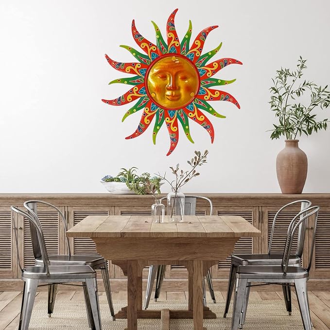 16 Inch Colorful Sun Face Metal Wall Decor, Indoor Outdoor Hanging Art for Farmhouse Patio Yard Bedroom