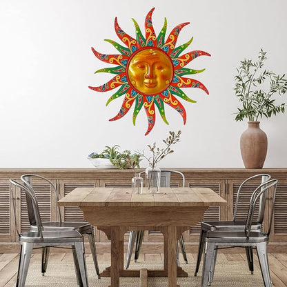 16 Inch Colorful Sun Face Metal Wall Decor, Indoor Outdoor Hanging Art for Farmhouse Patio Yard Bedroom