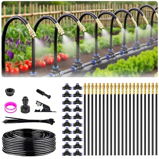 65FT 5/16 Inch Drip Irrigation System for Garden, 2025-Upgrade High-Flow Garden Watering Kit with 20 Adjustable Copper Nozzles, Even Water Distribution for Lawn & Greenhouse