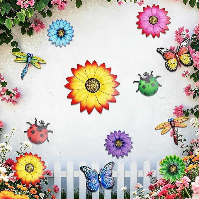 Super Ubelle 12 Pcs 3D Metal Garden Flower Wall Art Decor Kit | Outdoor Wall Art Flower Butterfly Dragonfly Ladybug Hanging Decorations for Patio Yard Backyard Balcony