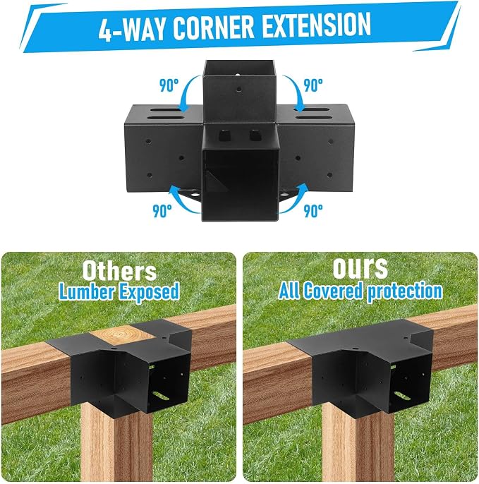 Woodworks 4x4 Pergola Brackets - 4-Way 90 Right Angle Corner Extension Brackets for 4x4 Inch Lumber (2PCS) - Black Powder Coated Modular Sizing Pergola/Gazebo Hardware
