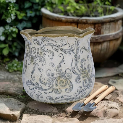 Dosayes Rustic Ceramic Planter, 6 Inch Tuscan Vintage Flower Pot with Drainage, Farmhouse Garden Pot for Indoor Plants, Kitchen & Garden Tuscan Decor, Plant Lover Gift (Grey)