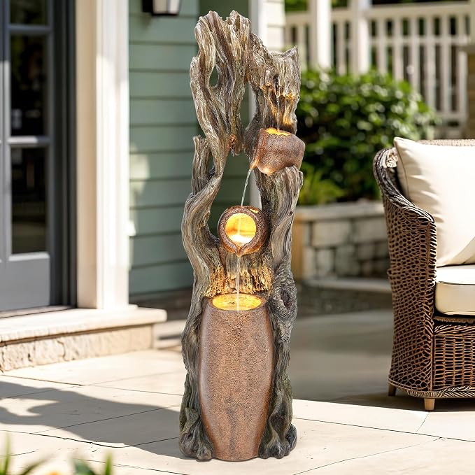 AUTODAYA 42.7" 3-Tier Outdoor Water Fountain LED Tree Trunk Jar Waterfall | Rainforest feature,terra-cotta jar accents, garden patio yard decor