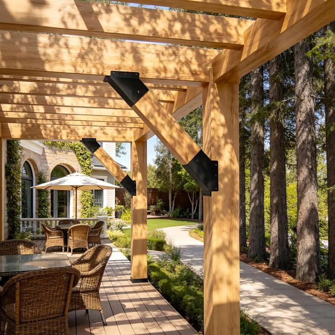 4 Pcs 6"x 6" (Actual Fit:5.6''x 5.6'') 45°Angle Support Brackets| | Heavy Duty Carbon Steel Metal Corner Braces for Pergola|Deck|Railing and Wood Beam Support