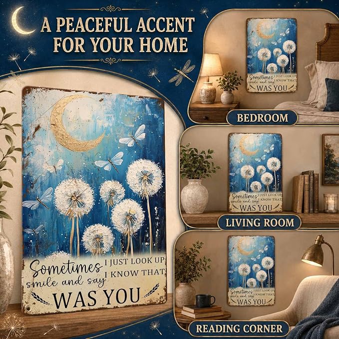PEACHGARDEN Dragonfly Sign Dandelion Decor Wall Art - "I Know That Was You" Whimsical Home Decor, Vintage Memorial Metal Sign for Bedroom Living Room 8x12 Inch