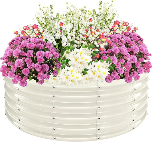 TBMLC 17" Tall Elevated Round Metal Rised Garden Bed- 4'x4' in Size and 0.8MM Thick Durable Planter Box for Vegetables Flowers Succulent at Patio/Garden Outdoor (White, 4FT Diameter)