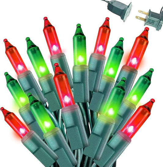 Red and Green Christmas Lights Outdoor, 50FT 200 Count Incandescent Mini Christmas Lights Green Wire, Waterproof Fairy Lights, Connectable Xmas String Lights for Christmas Tree, Garland, Wedding Decor