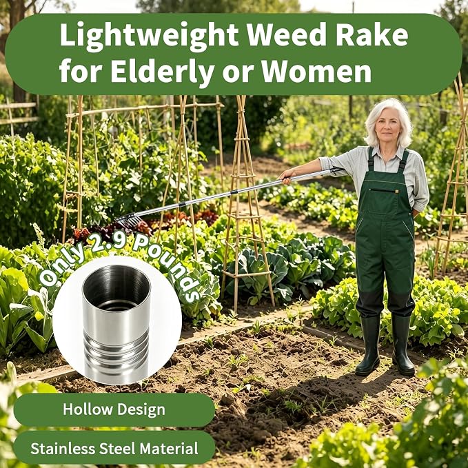 Heavy Duty Iron Weeding Rake, Complete Weed Rake Tool with 4-Section Adjustable Handle(33" to 65"), 8 Sharp Teeths Thick Steel Weed Puller Tool for Raised Garden Beds, Flower Beds & Soft Soil