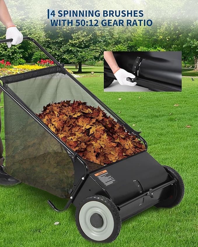 GarveeLife 26 Inch Push Lawn Sweeper with 4 Spinning Brushes, 7 Cu.ft Large Capacity Leaf Collector, Adjustable Height Grass Sweeper, All Terrain Lawn Leaf Debris Removal Tool for Yard Garden Patio