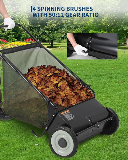 GarveeLife 26 Inch Push Lawn Sweeper with 4 Spinning Brushes, 7 Cu.ft Large Capacity Leaf Collector, Adjustable Height Grass Sweeper, All Terrain Lawn Leaf Debris Removal Tool for Yard Garden Patio