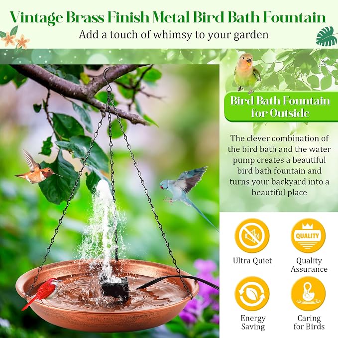 24.8 Extra Large Hanging Bird Bath with 8W Fountain Pump, 14" Copper Metal Bird Bath Bowl with Adjustable 3 Water Flow Modes and 2 Spray Nozzles, Birdbath Feeder for Outdoor Garden Backyard Patio Lawn