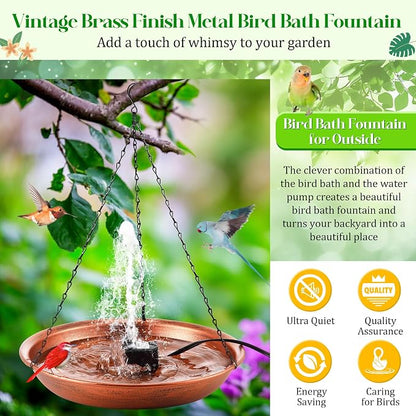 24.8 Extra Large Hanging Bird Bath with 8W Fountain Pump, 14" Copper Metal Bird Bath Bowl with Adjustable 3 Water Flow Modes and 2 Spray Nozzles, Birdbath Feeder for Outdoor Garden Backyard Patio Lawn