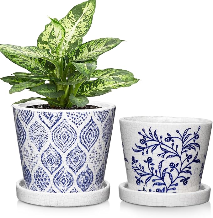 Blue and White Ceramic Pots for Plants, Decorative Plant Pots Round Ceramic Planters for Indoor Plants Pots with Drainage Hole Saucers, Retro Planter Pot for Succulents Cactus Flowers Outdoor 4.8/5.5"