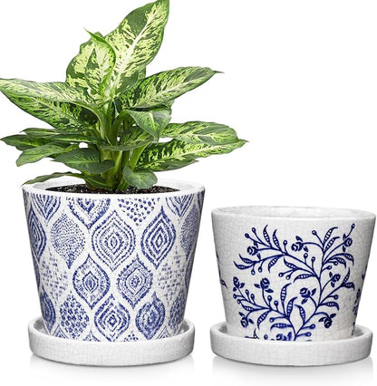 Blue and White Ceramic Pots for Plants, Decorative Plant Pots Round Ceramic Planters for Indoor Plants Pots with Drainage Hole Saucers, Retro Planter Pot for Succulents Cactus Flowers Outdoor 4.8/5.5"