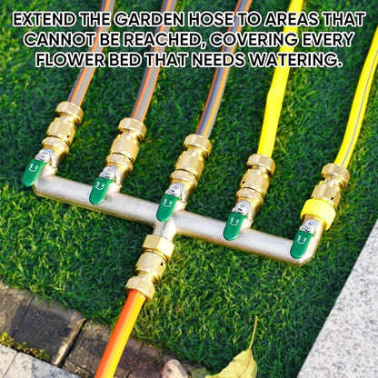 5 Way Garden Hose Splitter, Heavy Duty Brass Nickel Plated Rust Resistant Faucet Manifold, 3/4" Frost Resistant Outdoor Hose Adapter Connector，Hose Spigot Adapter with 5 large Green handles