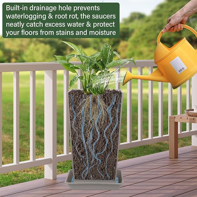 Neoaider Set of 2 Tall Planter, 21 inch Large Plastic Planter, Light Gray | Ceramic-Look, Lightweight, Built-in Drain Hole, Saucers, Tall Outdoor Planter for Porch, Garden, Patio, Balcony