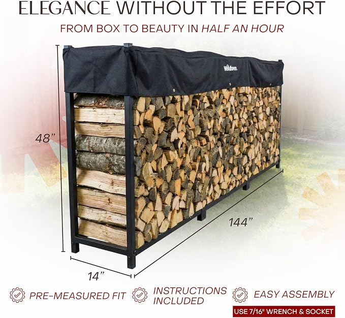 Woodhaven Black Large Outdoor Firewood Rack (12 Foot, With Cover)