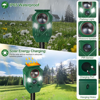 Ultrasonic Animal Repeller Outdoor,Cat Repellent & Deterrent with PIR Sensor & Flashing Light,Solar Powered Deer Repellent Device for Squirrels,Raccoons,Skunks,Rabbits,and Dog,IP65 Waterproof - 1 Pack