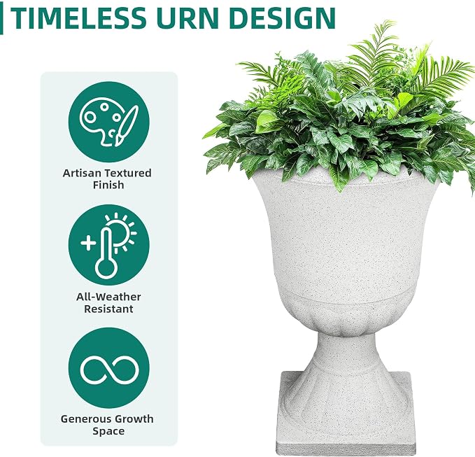 Autodaya 22" White Terrazzo Urn Planters Set of 2 Plastic Flower Pots | Timeless Large Outdoor Planters with Drainage Holes for Porch, Patio, Garden, or Christmas Decor