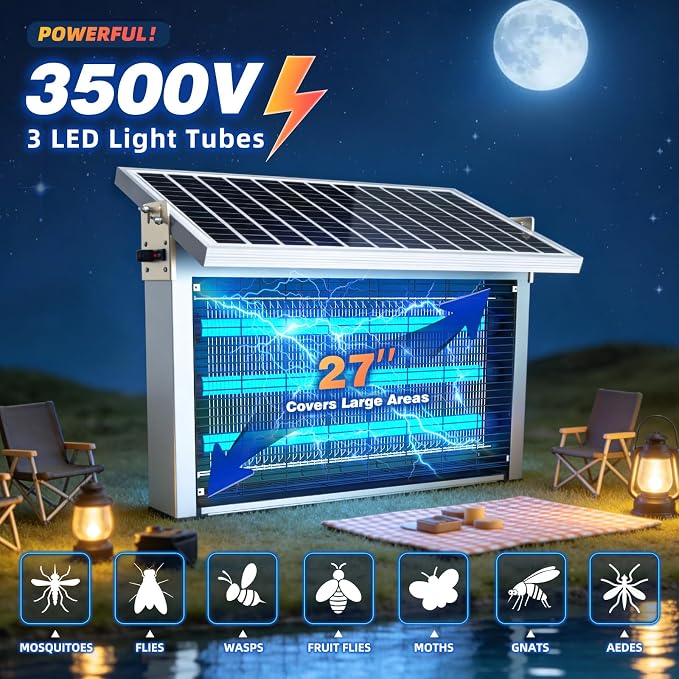 Heavy-Duty Large Solar Bug Zapper Outdoor for 1/2 Acre with 40W Solar Panel | Aluminum Rechargeable Solar Zapper with High Powered, Waterproof Solar Bug Zapper for Patio Garden Backyard Farm Large Places