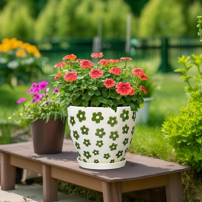 MPotTo Ceramic Flower Pot, 10 Inch, White | Drainage Hole and Saucer, Boho Round Design, Indoor Use, Plant Lover Gift