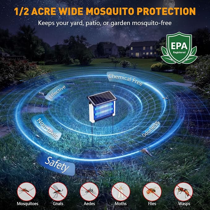 Solar Bug Zapper Outdoor, 4500V Solar Mosquito Zapper for Outdoor & Indoor, 1/2 Acre Coverage Cordless Rechargeable Electric Fly Zapper, IPX5 Waterproof Mosquito Traps for Backyard, Patio, Camping