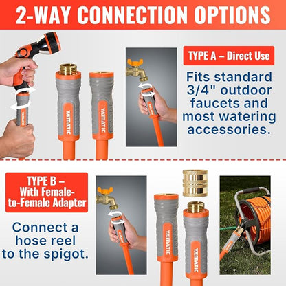 YAMATIC 15FT Flexible Garden Hose Female to Female 5/8in, Burst 600 PSI | 15 ft Short Leader Hose, 2-in-1 Dual Use with 3/4" Solid Brass Swivel Fittings, Small Water Hose Extension for Reel Lawn Yard