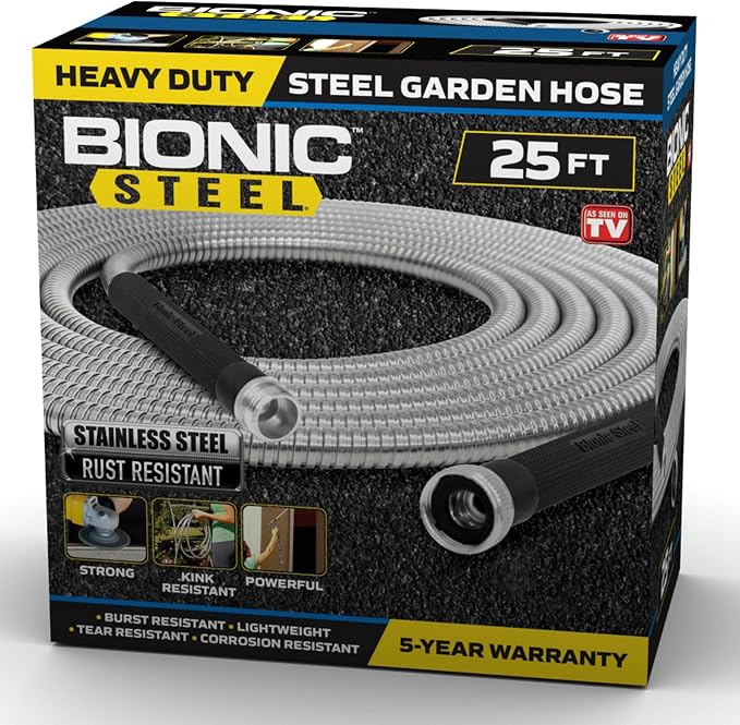 BIONIC STEEL 50 Foot 304 Stainless Steel Garden Hose Bundle with 25 Foot Rust-Proof Metal Home Garden Hose