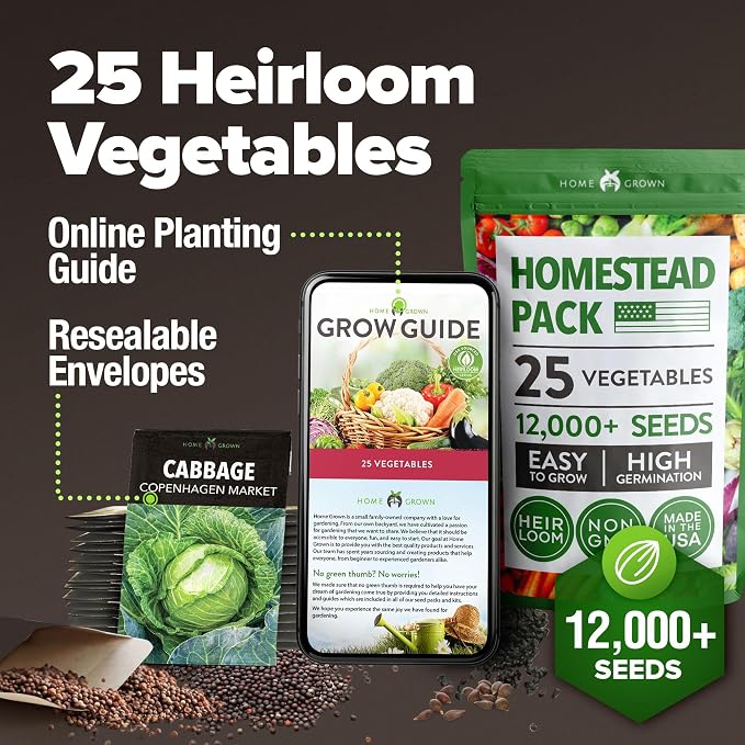 HOME GROWN 25 Variety Survival Seed Vault 12,000+ Heirloom Non-GMO Vegetable Seeds for Planting, High Germination, Family Garden Starter Kit, Tomatoes, Peppers, Carrots, Beans, Kale, Indoor Outdoor