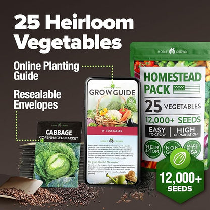 HOME GROWN 25 Variety Survival Seed Vault 12,000+ Heirloom Non-GMO Vegetable Seeds for Planting, High Germination, Family Garden Starter Kit, Tomatoes, Peppers, Carrots, Beans, Kale, Indoor Outdoor