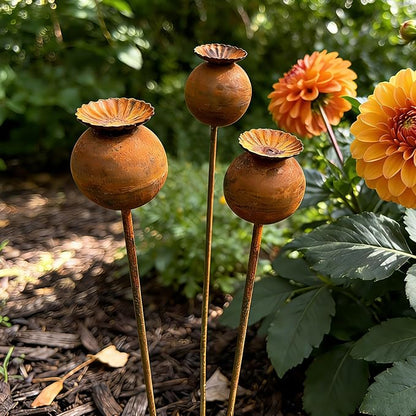 Metal Flowers for Outside - 3PCS Decorative Garden Stakes, Flower Bed Decorations Outdoor, Metal Garden Yard Art Sculpture for Lawn Porch Pathway Patio
