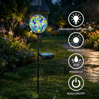 VCUTEKA Solar Lights Outdoor Decorative - Waterproof Mosaic Solar Garden Light, LED Pathway Stake for Landscape Lawn Patio Yard, Solar Globe Lights Outdoor, 1 Pack Green Yellow