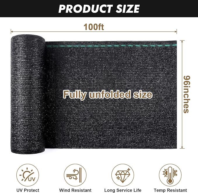 Artpuch 70% Black Garden Shade Cloth Roll for Plants, Sun Shade Cover Fabric Roll with UV Block Shades Netting Mesh Privacy Fence Screen for Greenhouse, Backyard, Patio, 8' x 100 FT
