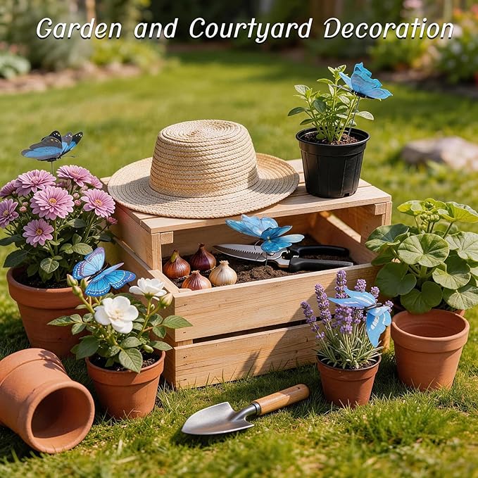 30PCS Blue Butterfly Decorations Artificial Garden Stakes for Garden Decor | 3D Double Layer Waterproof Flower Arrangements Outdoor Indoor Spring Garden Decor