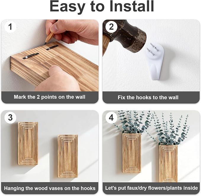 Wooden Wall Planter Vase, 2 Pack Brown Wood Hanging Vases with Fake Eucalyptus for Indoor Modern Boho Farmhouse Wall Art Decor for Home Indoor Kitchen Modern Farmhouse Bathroom