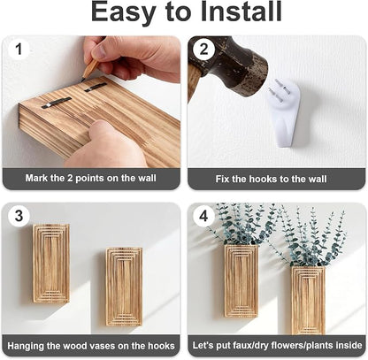 Wooden Wall Planter Vase, 2 Pack Natural Wood Hanging Vases with Fake Eucalyptus for Indoor Modern Boho Farmhouse Wall Art Decor for Home Indoor Kitchen Modern Farmhouse Bathroom