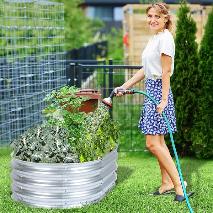 Aoodor Galvanized Raised Garden Bed Kit, 3 x 2 x 1 Ft Oval Outdoor Metal Planter Box for Vegetables, Flowers & Herbs, Silver