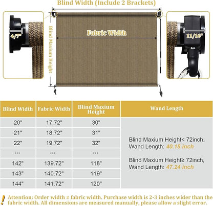 Shade&Beyond Custom Size Outdoor Roller Shades Cordless Patio Roll Up Blinds Exterior Shade Cloth Roll for Porch, Coffee Brown