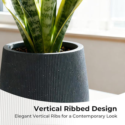 Worth Garden Dark Gray Round Planter, 9" Dia x 13" H Lightweight Magnesium Oxide Cement Plant Pot with a Striped Textured Finish, Raised Pattern Concrete Look, Drainage Hole, Indoor & Outdoor Use