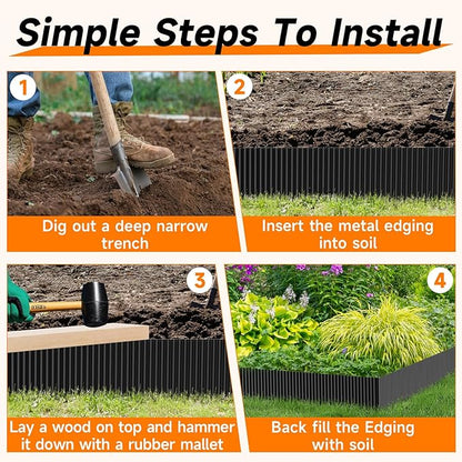 Corrugated Garden Edging,10"×20Ft Galvanized Steel Landscape Edging & Lawn Edging Border,Metal Garden Border for Flower Beds,Garden,Lawn,Raised Beds & Tree Surrounds(Black)